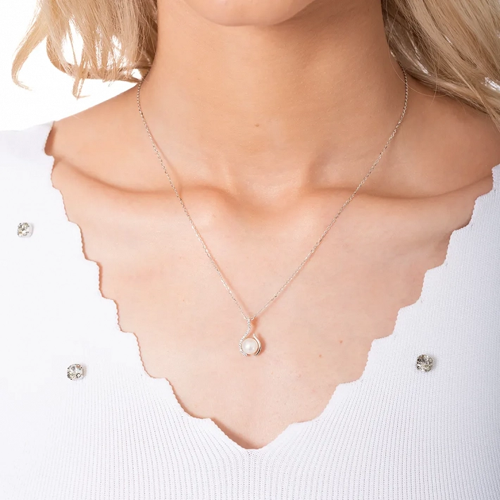 Oxzen γυναικείο κολιέ ασημένιο με πέρλα