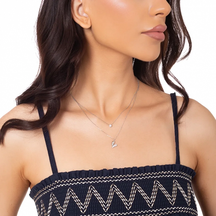 Oxzen γυναικείο κολιέ ασημένιο διπλό με καρδιά και πέτρες ζιργκόν