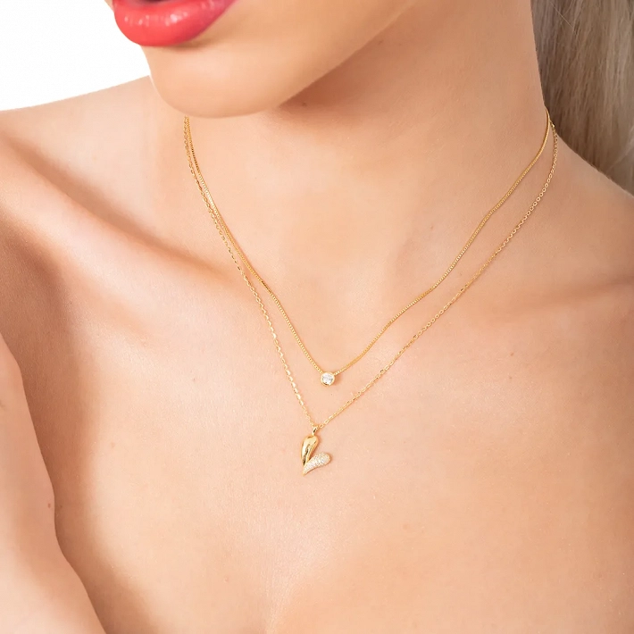 Oxzen γυναικείο κολιέ ασημένιο διπλό με καρδιά και πέτρες ζιργκόν