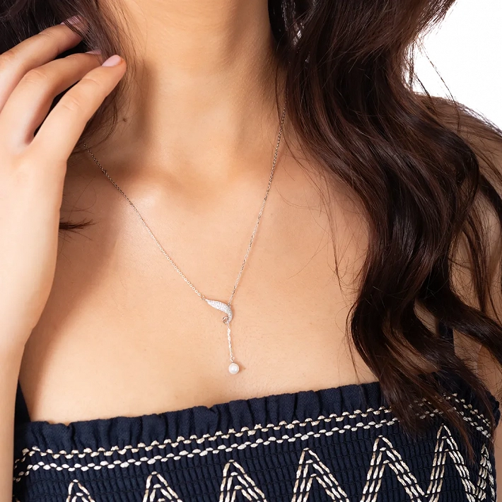 Oxzen γυναικείο κολιέ ασημένιο με πέρλα