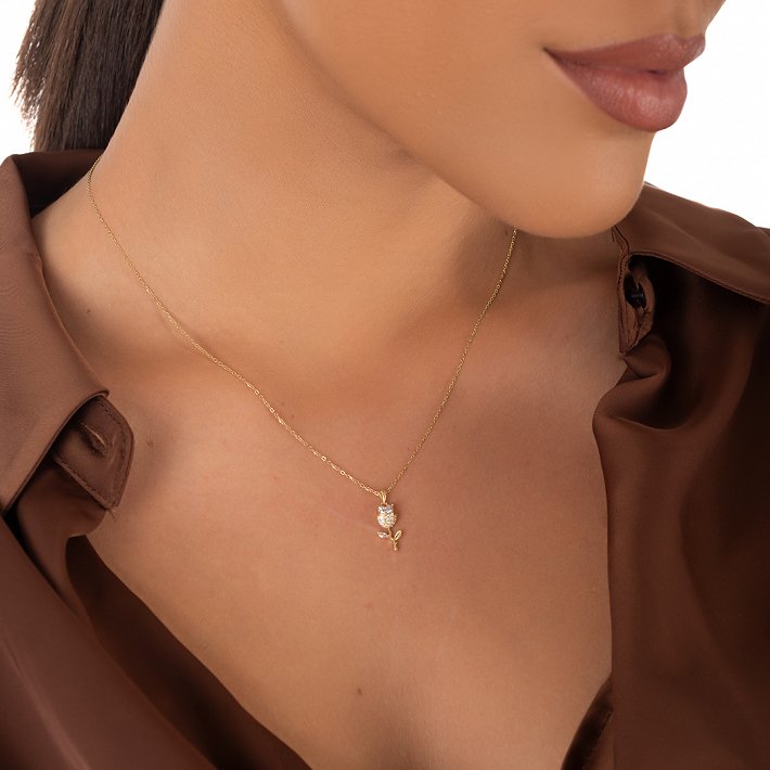 Oxzen ασημένιο κολιέ τριαντάφυλλο με ζιργκόν