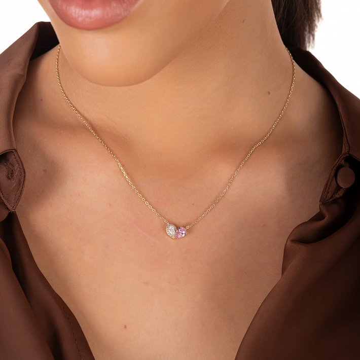 Oxzen ασημένιο κολιέ με λευκό και ροζ ζιργκόν