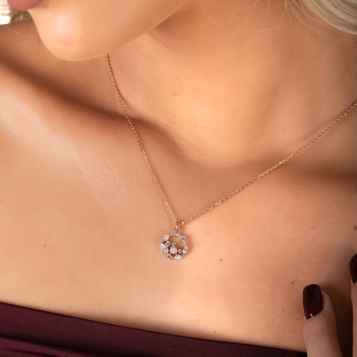 Oxzen ασημένιο κολιέ στεφανάκι με οπάλιο και λευκά ζιργκόν