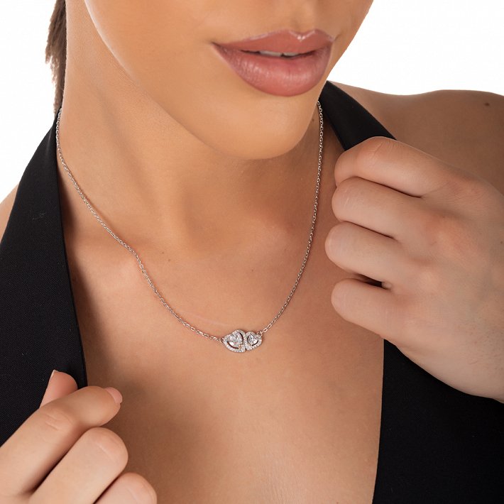 Oxzen  ασημένιο κολιέ διπλή καρδια με ζιργκόν