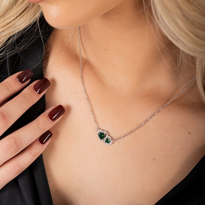 Oxzen  ασημένιο κολιέ διπλή καρδια με ζιργκόν