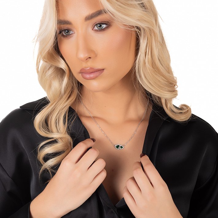 Oxzen  ασημένιο κολιέ διπλή καρδια με ζιργκόν