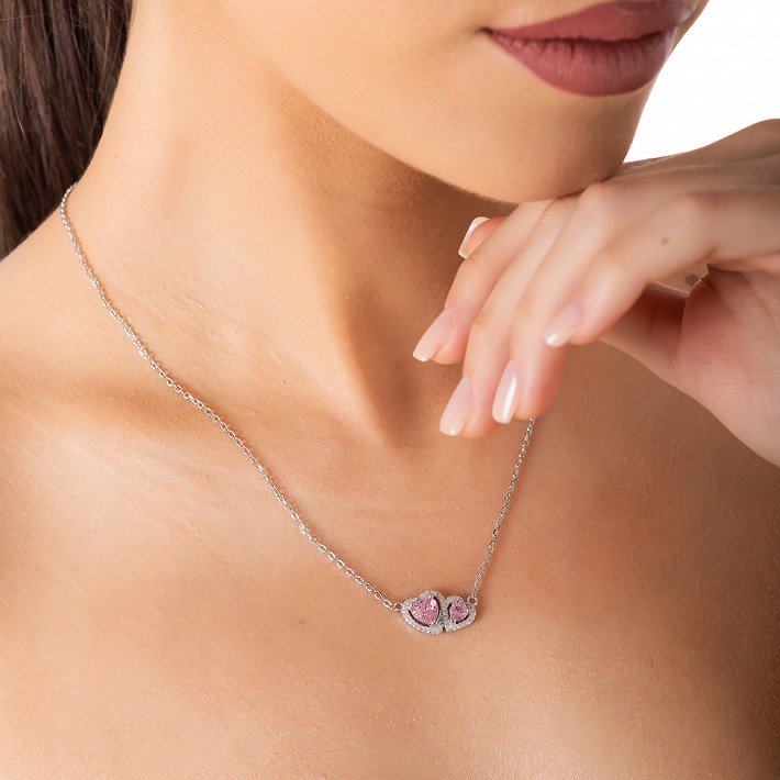 Oxzen  ασημένιο κολιέ διπλή καρδια με ζιργκόν