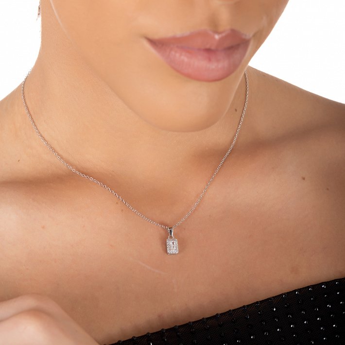 Oxzen ασημένιο κολιέ ορθογώνιο μονόπετρο με ζιργκόν