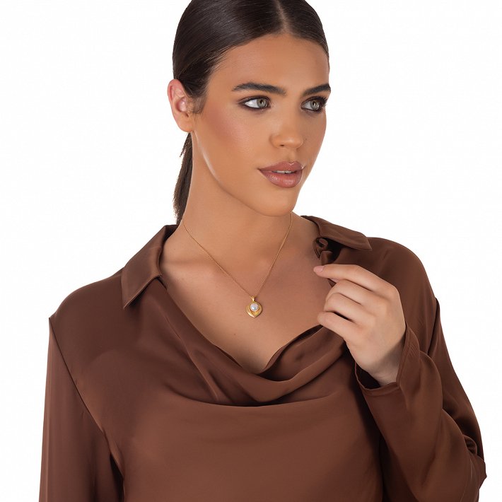 Oxzen ασημένιο κολιέ επιχρυσωμένο χειροποίητο καρδιά με πέρλα