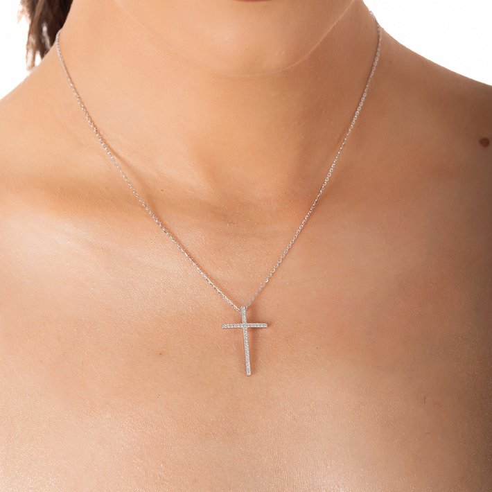 Oxzen ασημένιο κολιέ σταυρός με λευκά ζιργκόν