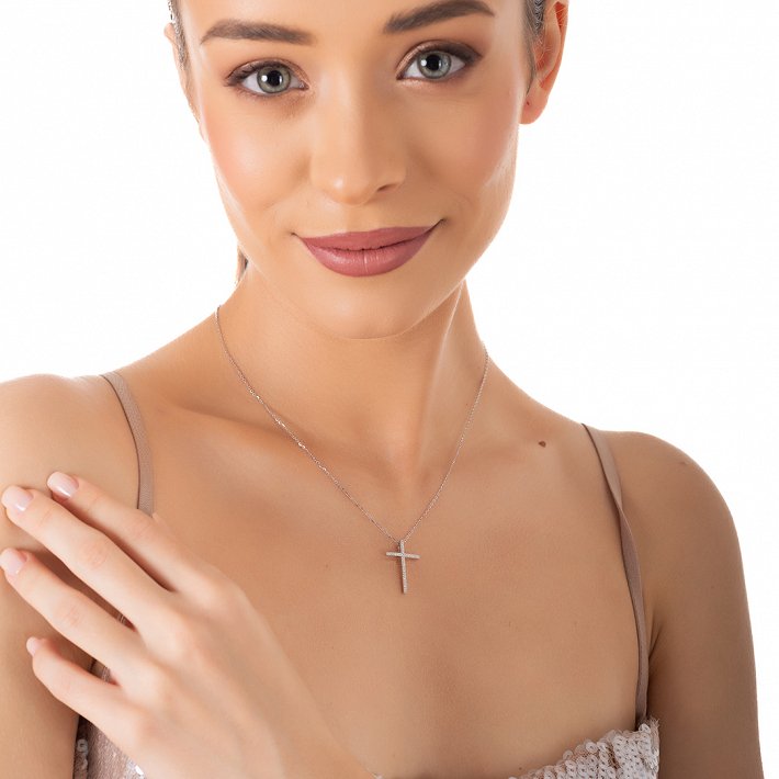 Oxzen ασημένιο κολιέ σταυρός με λευκά ζιργκόν