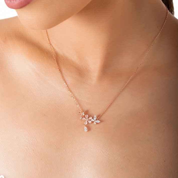 Oxzen ασημένιο κολιέ με οπάλιο και λευκά ζιργκόν