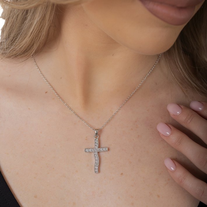 Oxzen κολιέ σταυρός ασημένιος με λευκά ζιργκόν