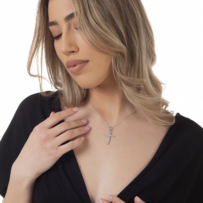 Oxzen κολιέ σταυρός ασημένιος με λευκά ζιργκόν