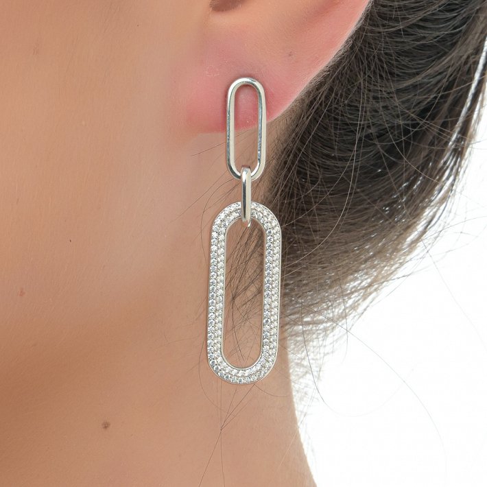 Oxzen σκουλαρίκια κρεμαστά ασημένια μακρύ δύο κρίκοι οβάλ με ζιργκόν