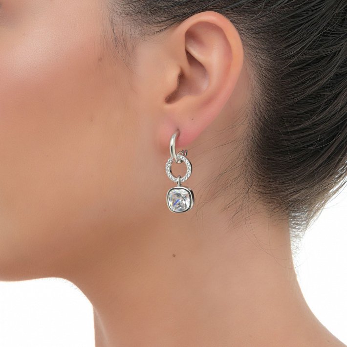 Oxzen σκουλαρίκια κρίκοι ασημένιοι με κρεμαστό τετράγωνο ζιργκόν