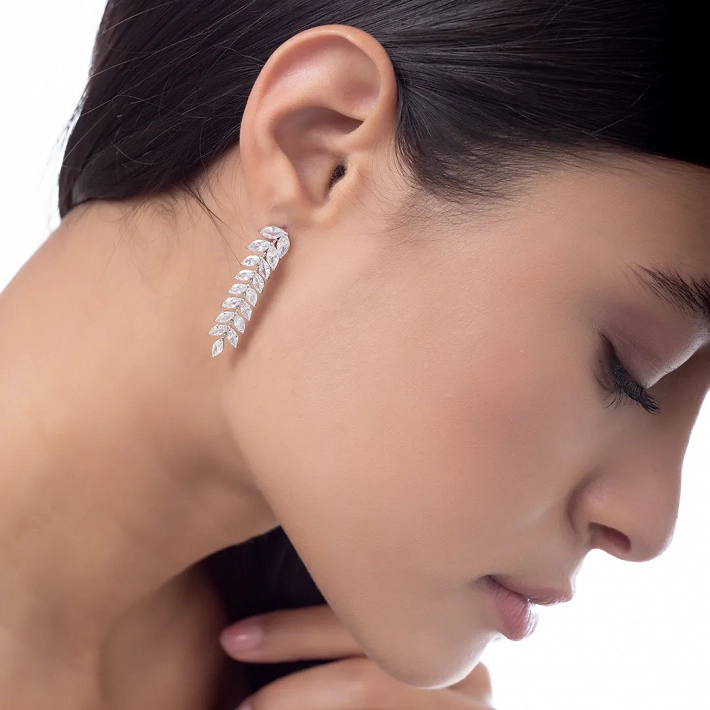 Oxzen σκουλαρίκια κρεμαστά ασημένια με λευκά ζιργκόν