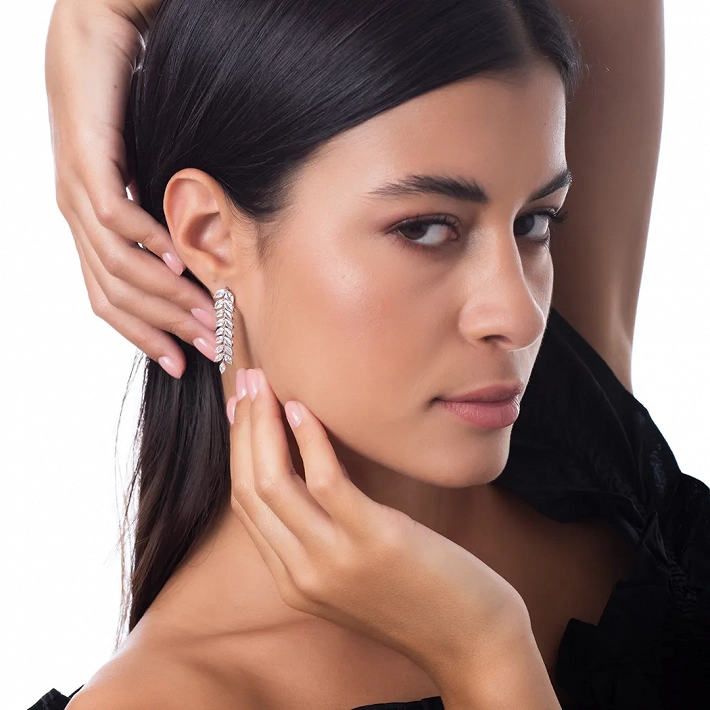 Oxzen σκουλαρίκια κρεμαστά ασημένια με λευκά ζιργκόν