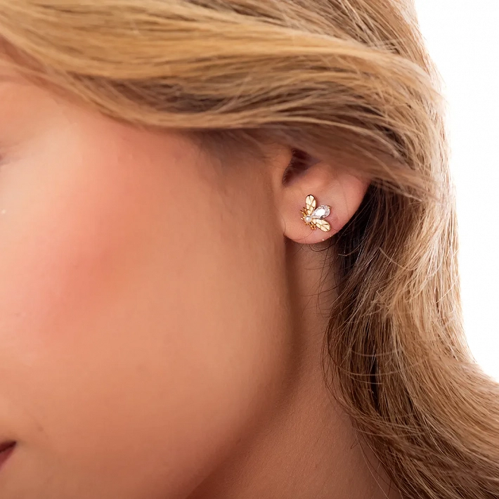 Oxzen σκουλαρίκια καρφωτά ασημένια μέλισσα με ένα λευκό ζιργκόν