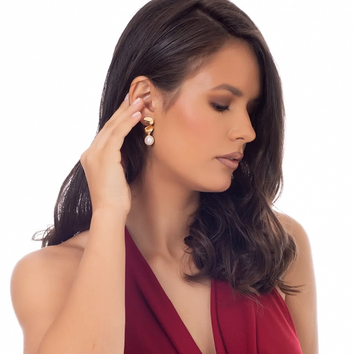 Oxzen ασημένιο σκουλαρίκι επιχρυσωμένο χειροποίητο με πέρλα