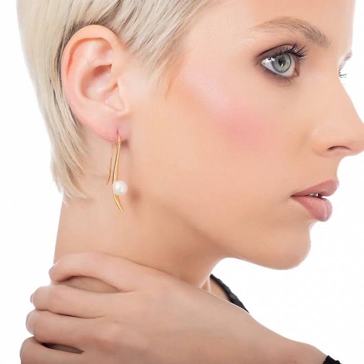 Oxzen ασημένιο σκουλαρίκι επιχρυσωμένο χειροποίητο με πέρλα