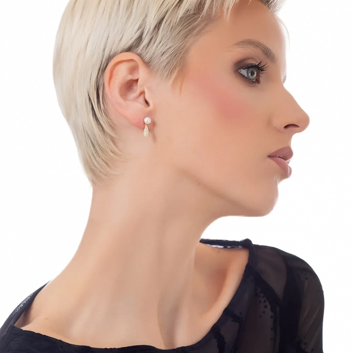 Oxzen ασημένιο σκουλαρίκι με πέρλα και λευκά ζιργκόν