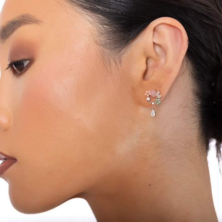 Oxzen ασημένιο σκουλαρίκι στεφανάκι με ημιπολύτιμες πέτρες