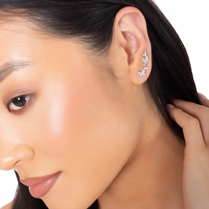 Oxzen σκουλαρίκι ασημένιο ear climber με πεταλούδες