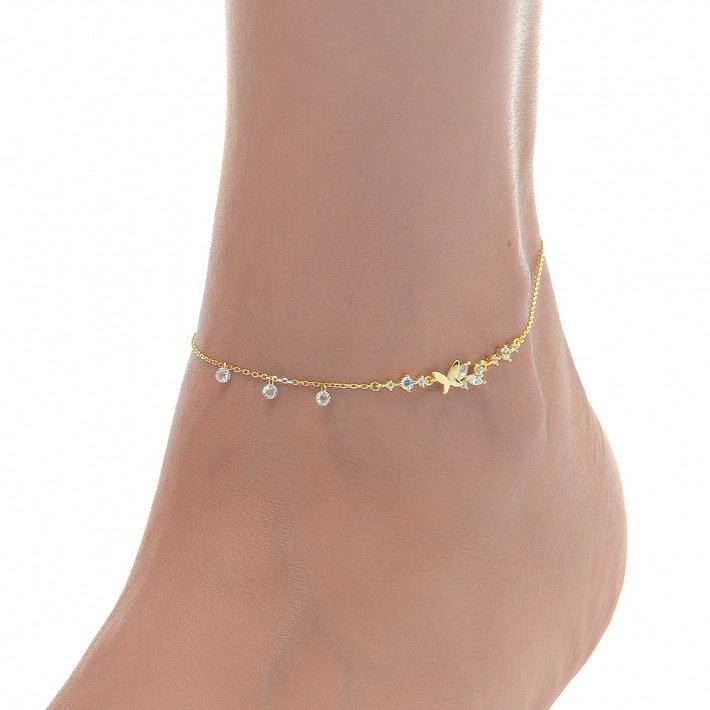 Oxzen αλυσίδα ποδιού ασημένια με πεταλούδες και λευκά ζιργκόν