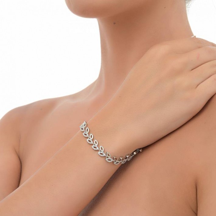 Oxzen βραχιόλι ασημένιο φύλλα με λευκά ζιργκόν