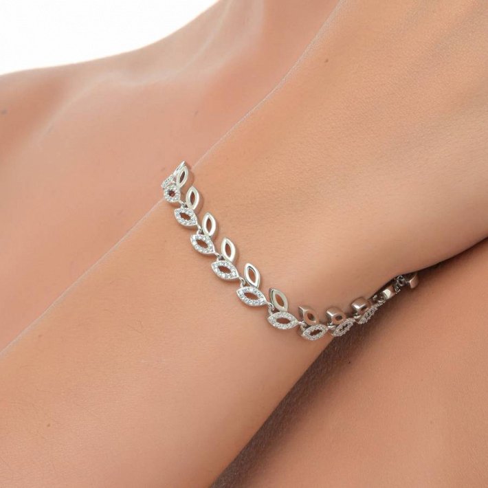 Oxzen βραχιόλι ασημένιο φύλλα με λευκά ζιργκόν