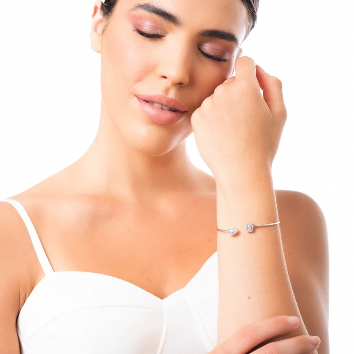 Oxzen γυναικείο βραχιόλι ασημένιο εύκαμπτο με τετράγωνο και οβάλ ζιργκόν