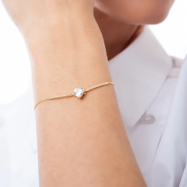 Oxzen ασημένιο βραχιόλι με καρδιά και λευκά ζιργκόν