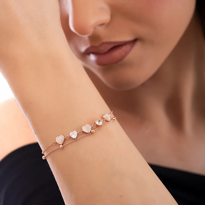 Oxzen γυναικείο βραχιόλι ασημένιο διπλό με καρδιές φίλντισι