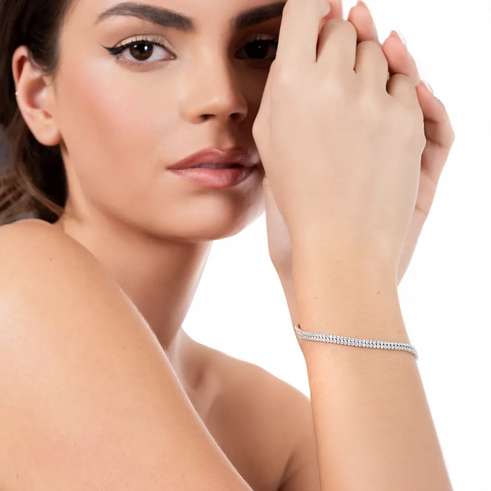 Oxzen γυναικείο βραχιόλι ασημένιο διπλή ριβιέρα με λευκά ζιργκόν