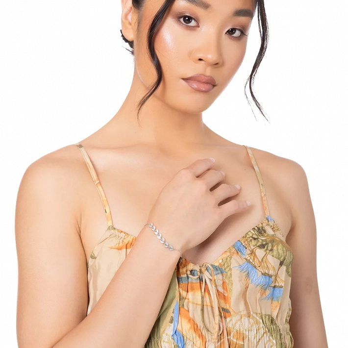 Oxzen ασημένιο βραχιόλι φύλλα με λευκά ζιργκόν