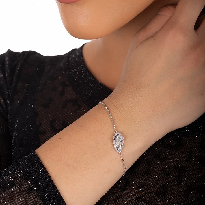 Oxzen ασημένιο βραχιόλι με καρδιές ζιργκόν