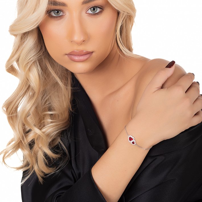 Oxzen ασημένιο βραχιόλι με καρδιές ζιργκόν