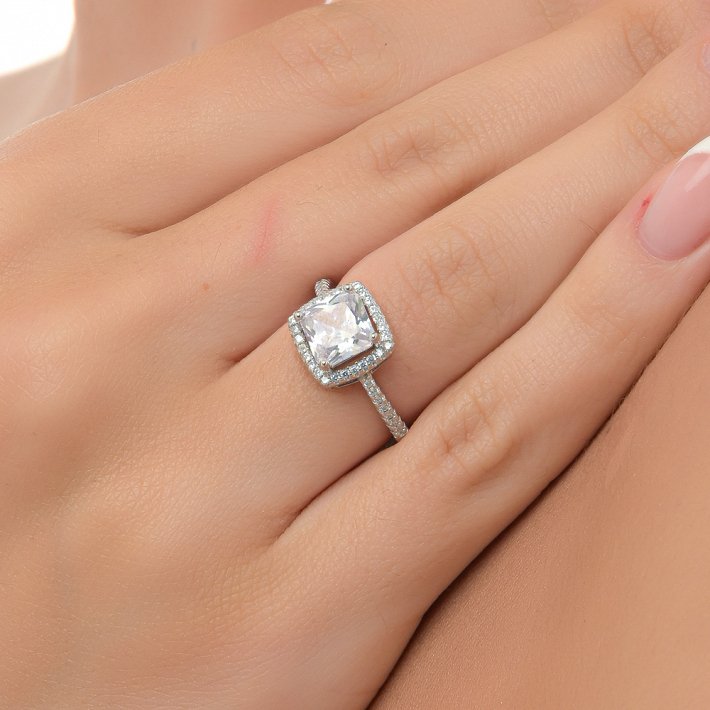 Oxzen δαχτυλίδι ασημένιο τετράγωνο μονόπετρο με λευκά ζιργκόν