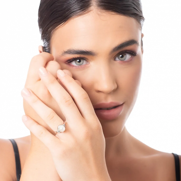 Oxzen δαχτυλίδι ασημένιο με πέρλα και λευκά ζιργκόν