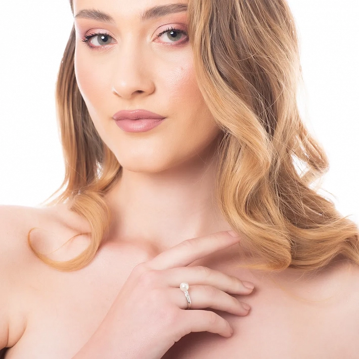 Oxzen δαχτυλίδι ασημένιο με πέρλα και λευκά ζιργκόν