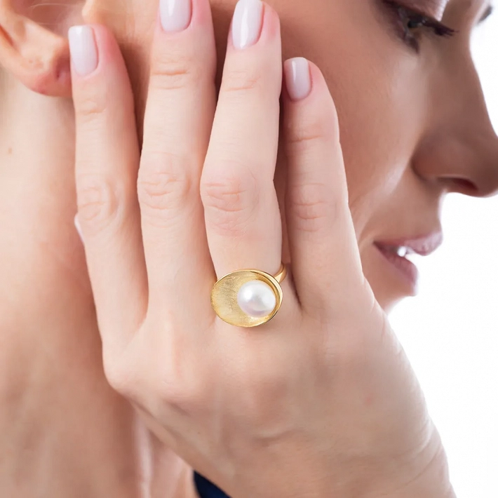 Oxzen ασημένιο δαχτυλίδι επιχρυσωμένο χειροποίητο με πέρλα