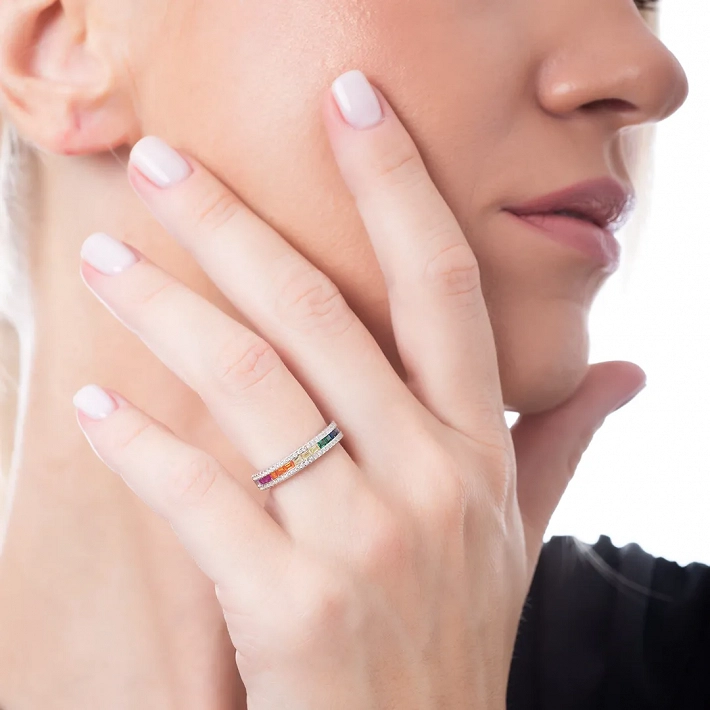 Oxzen ασημένιο δαχτυλίδι σειρέ με πολύχρωμα ζιργκόν