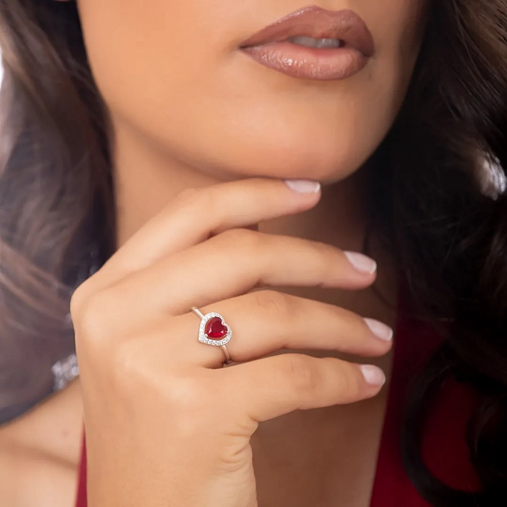 Oxzen δαχτυλίδι ασημένιο καρδιά με κόκκινο ζιργκόν