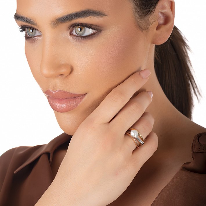 Oxzen ασημένιο δαχτυλίδι τρίχρωμο χειροποίητο με πέρλα free size