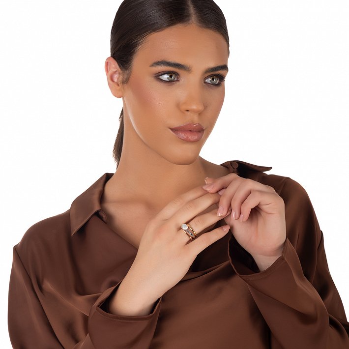 Oxzen ασημένιο δαχτυλίδι τρίχρωμο χειροποίητο με πέρλα free size