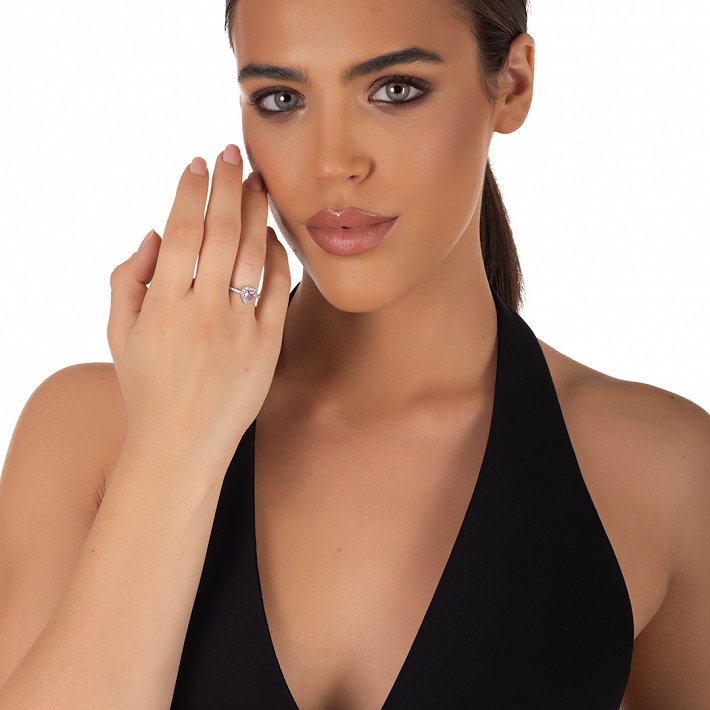 Oxzen ασημένιο δαχτυλίδι μονόπετρο με καρδιά ζιργκόν