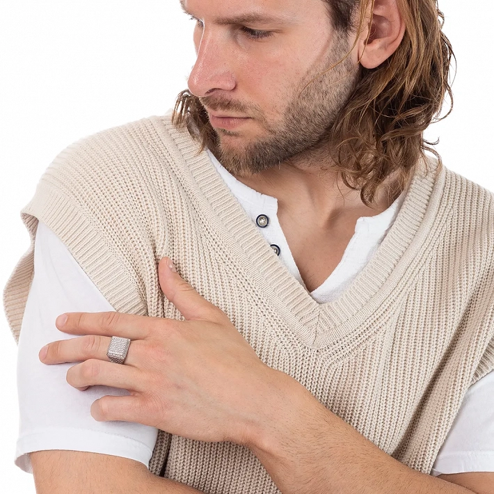 Oxzen ανδρικό δαχτυλίδι ασημένιο τετράγωνο με λευκά ζιργκόν