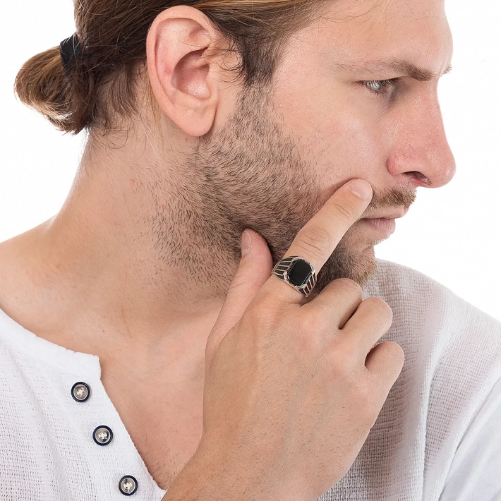 Oxzen ανδρικό δαχτυλίδι ασημένιο, με ορθογώνια πέτρα μαύρο αχάτη