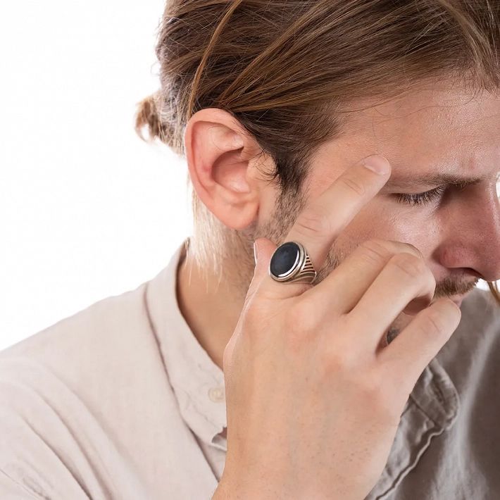 Oxzen ανδρικό δαχτυλίδι ασημένιο, με οβάλ πέτρα μαύρο αχάτη